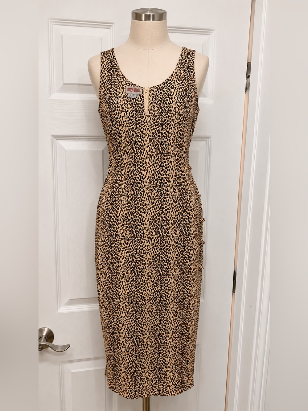 Vintage Maggy London Beige and Black Leopard-Print Midi Silk Dress